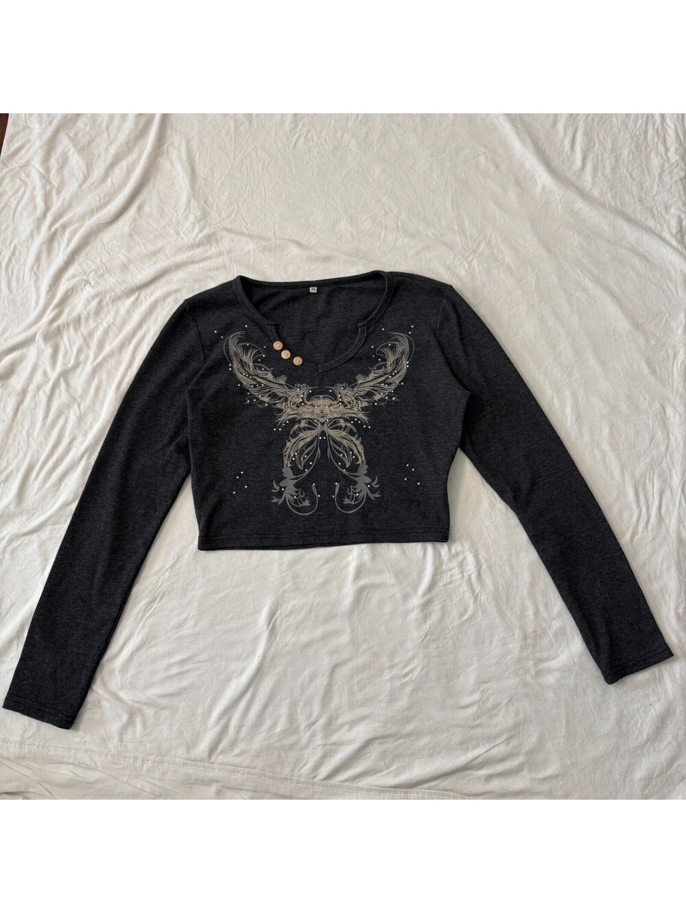 Y2K Goth Angel Graphic Rhinestone Gray Henley Crop Top Western Fairy Grunge, M